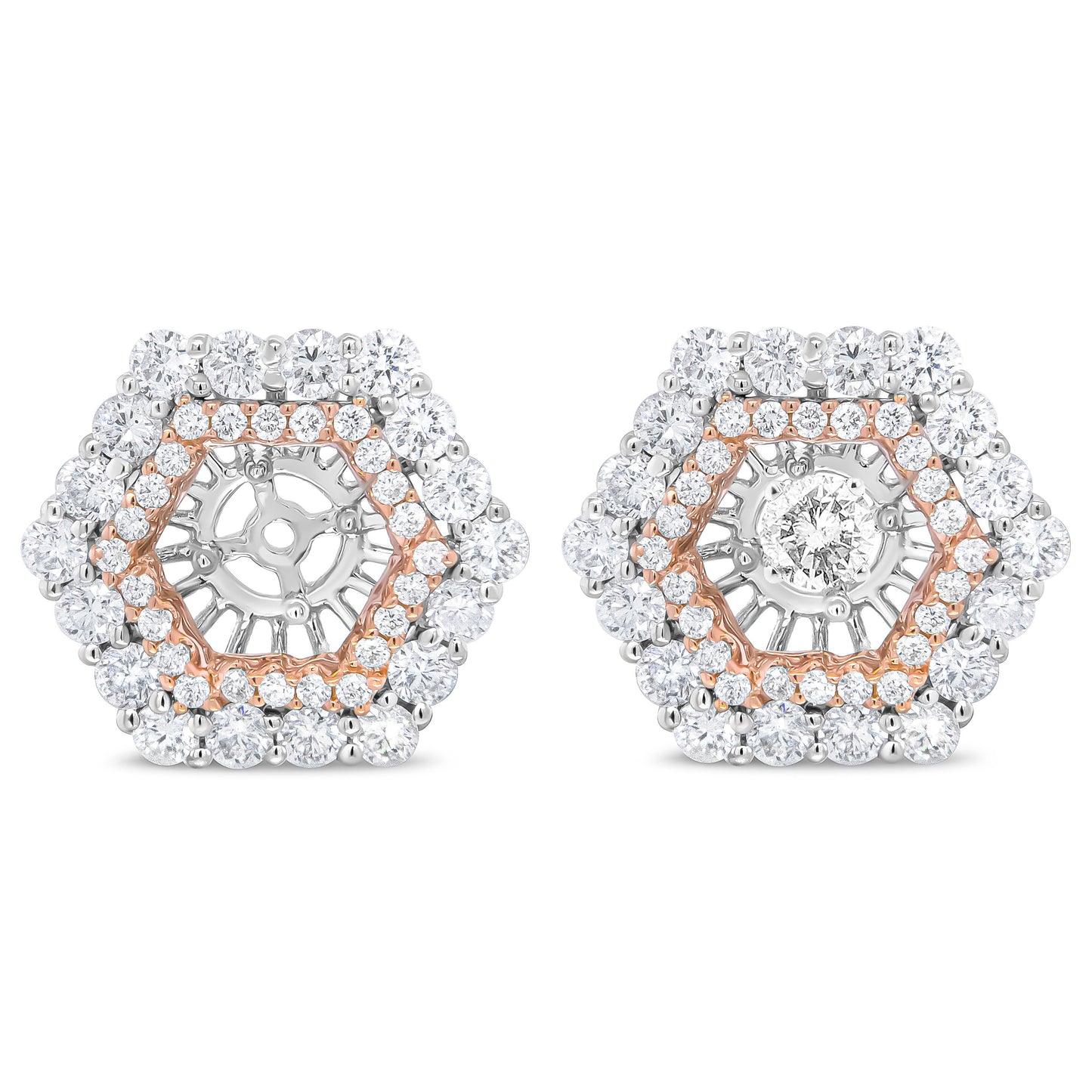 Anillo embellecedor para pendientes de tuerca redondos de 6 mm con doble halo de diamantes redondos de 1 7/8 Cttw de oro blanco y rosa de 14K (Color G-H, Claridad VS2-SI1)