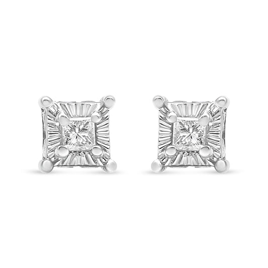 Pendientes solitario de plata de ley .925 de 1/4 quilate de diamantes de talla princesa con engaste "milagro" y halo oculto (color I-J, claridad SI2-I1)