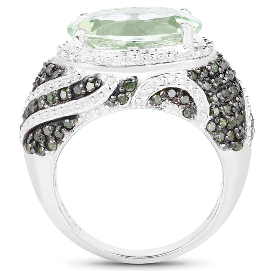 Anillo de plata de ley .925 con amatista verde auténtica de 5.98 quilates y diamantes verdes