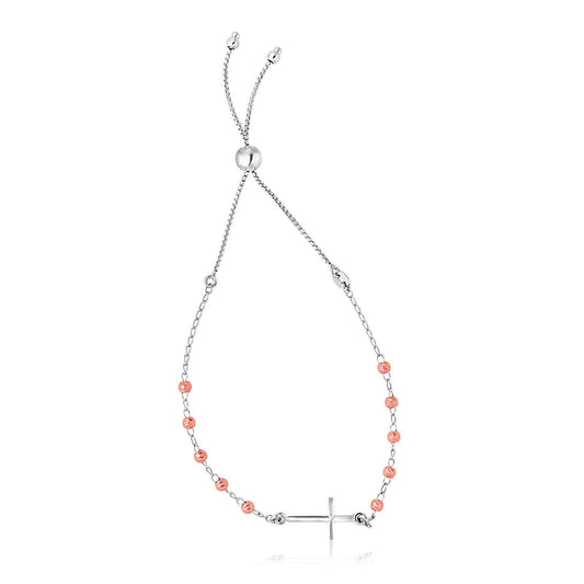 Pulsera ajustable de plata de ley con acabado blanco y oro rosa con cruz