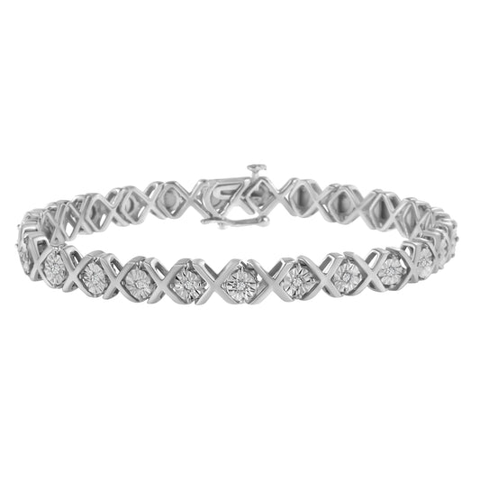 Pulsera de tenis con eslabones en forma de "X" de plata de ley .925 con diamantes redondos engastados con efecto milagro de 1/10 cttw (color I-J, claridad I2-I3) - 7.25"