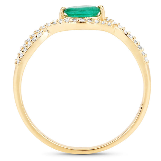Anillo de oro amarillo de 14 quilates con esmeralda zambiana auténtica de 0,32 quilates y diamante blanco