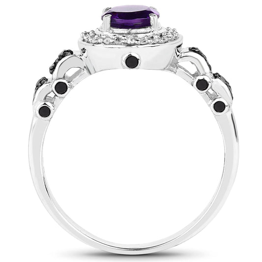 Anillo de Plata de Ley .925 con Amatista Genuina de 1,02 Quilates, Diamante Negro y Diamante Blanco