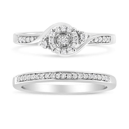 Anillo de compromiso y conjunto de alianzas de plata de ley 925 con halo de diamantes de 1/4 Cttw y diseño en espiral (color I-J, claridad I3) - Talla 7