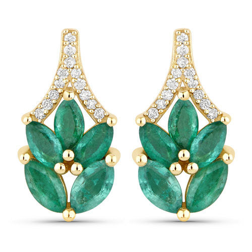 Pendientes de oro amarillo de 14 quilates con esmeraldas auténticas de Zambia de 0,91 quilates y diamantes blancos