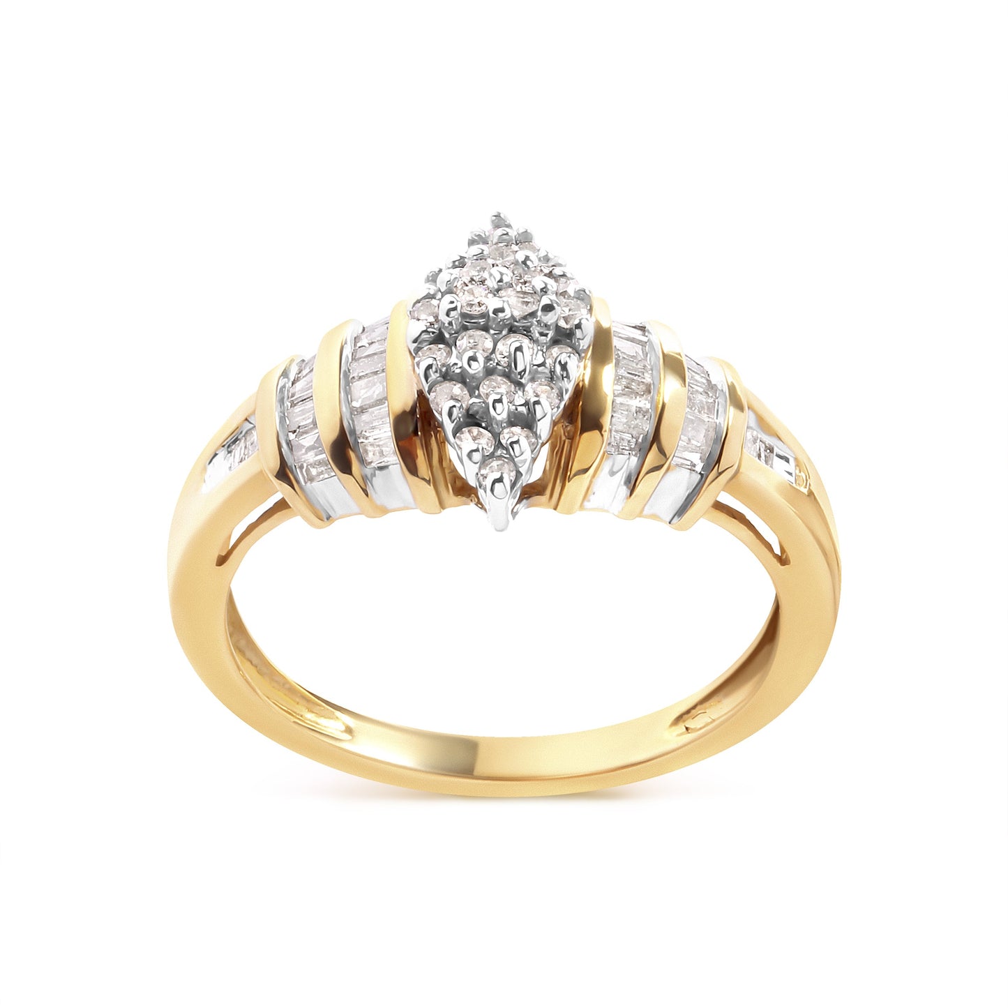 Anillo de oro amarillo de 10K con cabeza en forma de pera de 1/2 quilate total y vástago de varias hileras engastado en canal (color H-I, claridad SI2-I1) - Talla 7