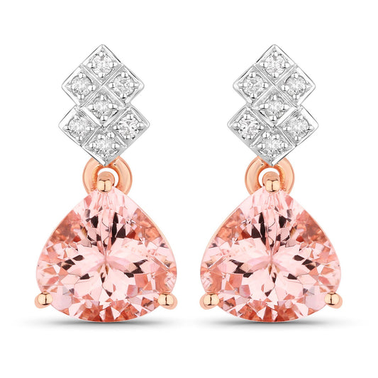 Pendientes de 3.31 quilates de morganita genuina y diamantes blancos en oro rosa de 14 quilates