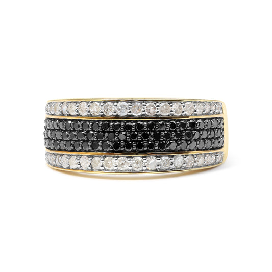Anillo de oro amarillo de 14 quilates chapado en plata de ley .925, con diamantes blancos y negros tratados de 1 1/4 quilates en varias filas (color negro/I-J, claridad I2-I3) - Talla 10