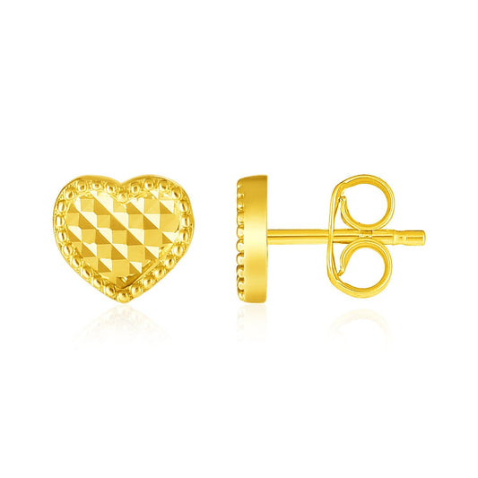 14k Yellow Gold Textured Heart Post Earrings - view 2