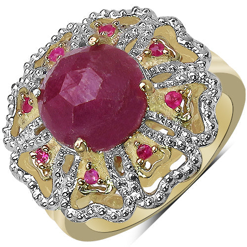 Anillo de plata de ley 925 chapado en oro amarillo de 14 quilates con zafiro rosa, rubí y diamante blanco auténticos de 5,56 quilates