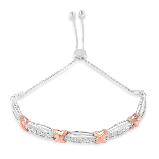 Brazalete bolo de plata esterlina .925 con diamantes de talla redonda de 1/4 Cttw en forma de X y barra cónica con engaste milagroso (color I-J, claridad I3) - Bicolor oro rosa y plata