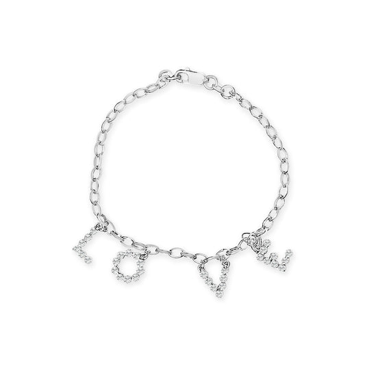 Brazalete de cadena tipo cable con dije de "Amor" y diamantes de 1/6 quilates, oro blanco de 10k (color H-I, claridad I1-I2) - 7"