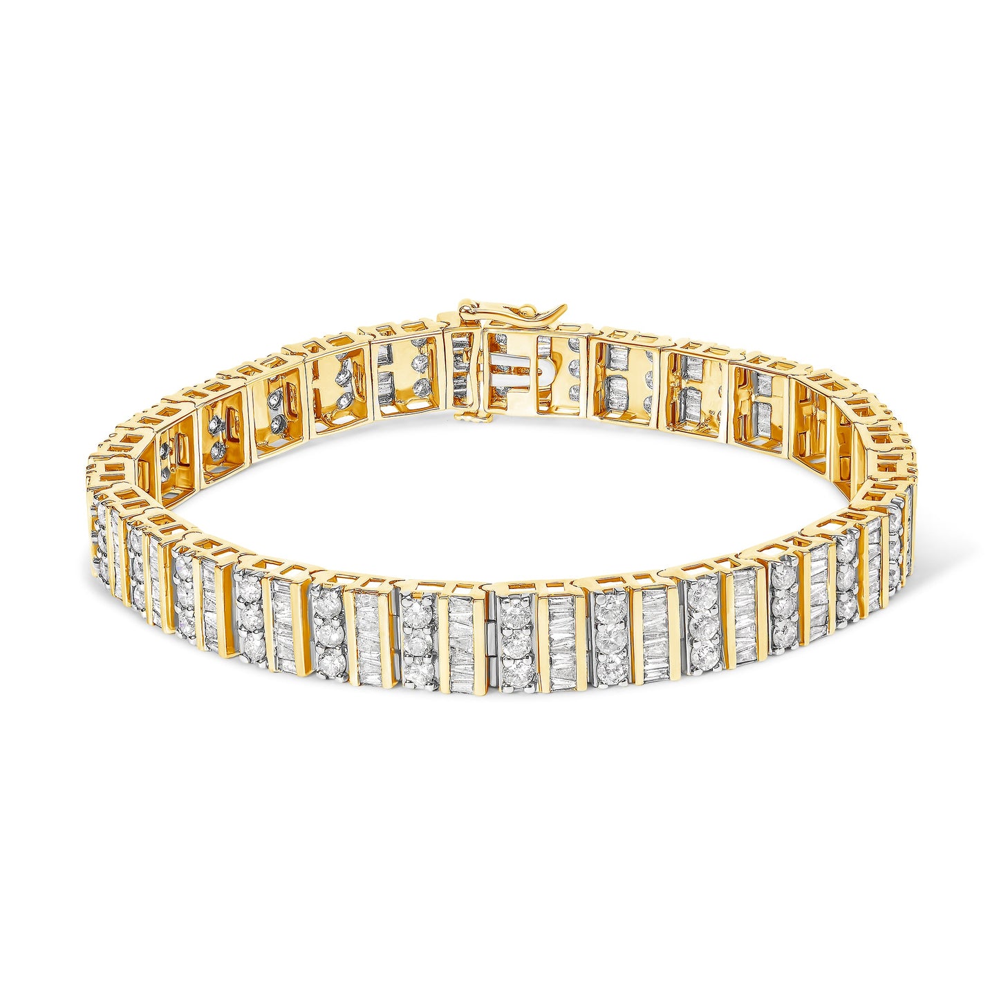 Pulsera de eslabones con diamantes redondos y de talla baguette de oro amarillo de 14 quilates y 5,50 quilates de peso total