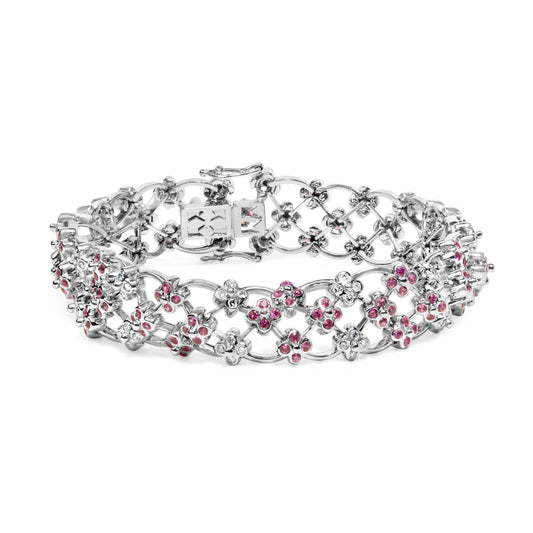Pulsera de eslabones de oro blanco de 14 quilates con zafiros rosados y diamantes en forma de celosía floral - 7,25 pulgadas