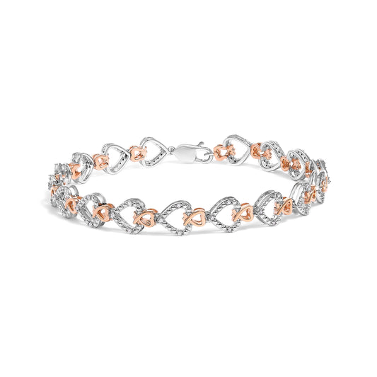 Pulsera de eslabones de corazón con diamantes de 1/4 qt y plata de ley bañada en oro rosa de 10K