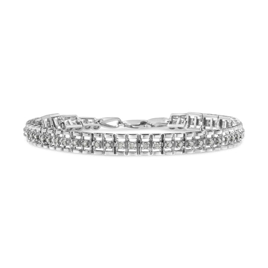 Pulsera tenis de doble eslabón de plata de ley .925 con diamantes de talla rosa de 1,0 Cttw y 7" (color I-J, claridad I3)