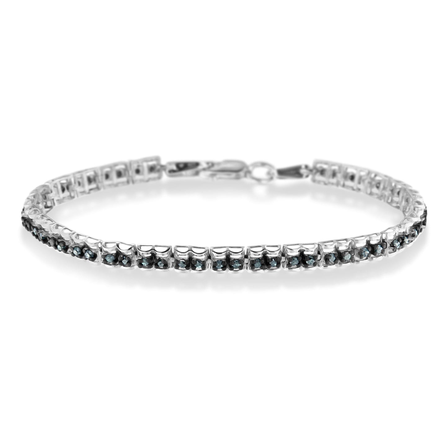Pulsera de tenis de doble eslabón de 7" con diamantes talla rosa de 1,0 Cttw en plata de ley .925 con rodio negro (color azul, claridad I1-I2)