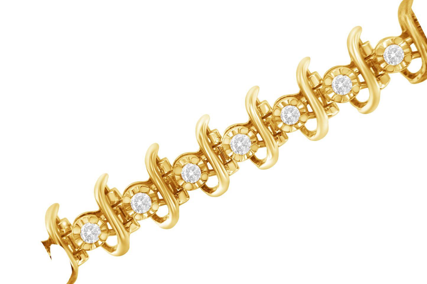Pulsera de eslabones de diamantes engastados en garras de 10 quilates de oro amarillo laminado sobre plata de ley .925 con un total de 1 quilate (J-K, I1-I2) - 7.5"
