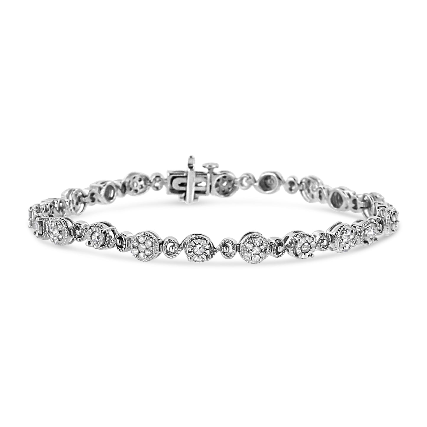 Pulsera de eslabones de plata esterlina .925 con diamantes de 1.0 quilates en total, diseño de remolino y cuentas (color I-J, claridad I3-Promo) - 7.25 pulgadas