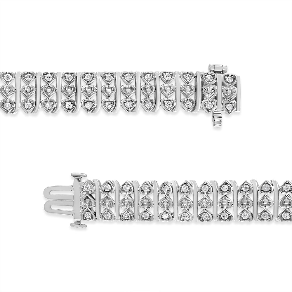Brazalete de eslabones de corazón de múltiples filas con diamantes de plata esterlina .925 de 1,00 Cttw (color H-I, claridad I1-I2) - 7,25" pulgadas