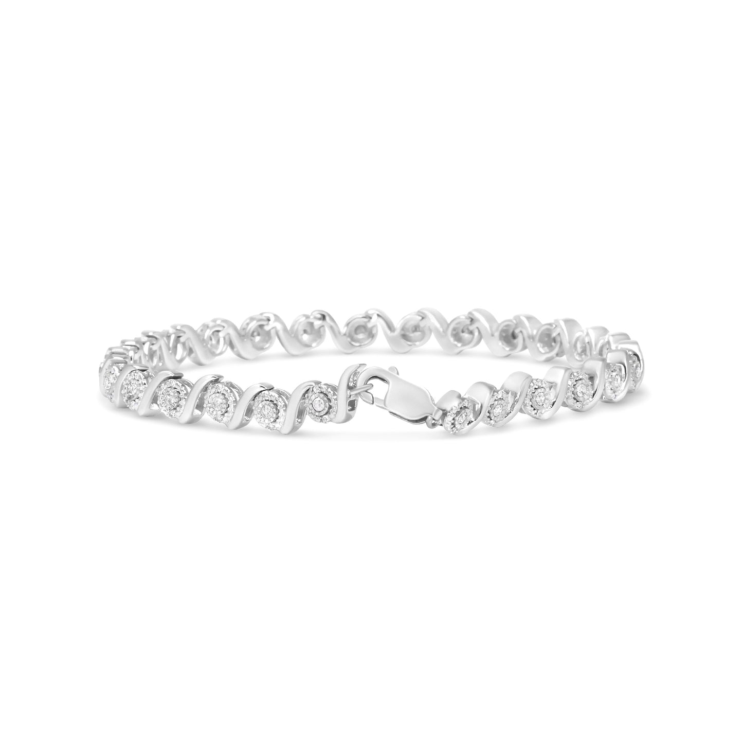Pulsera de plata esterlina .925 con 1/2 quilate total de diamante redondo en halo y enlace en S (color I-J, claridad I2-I3) - 7.25"