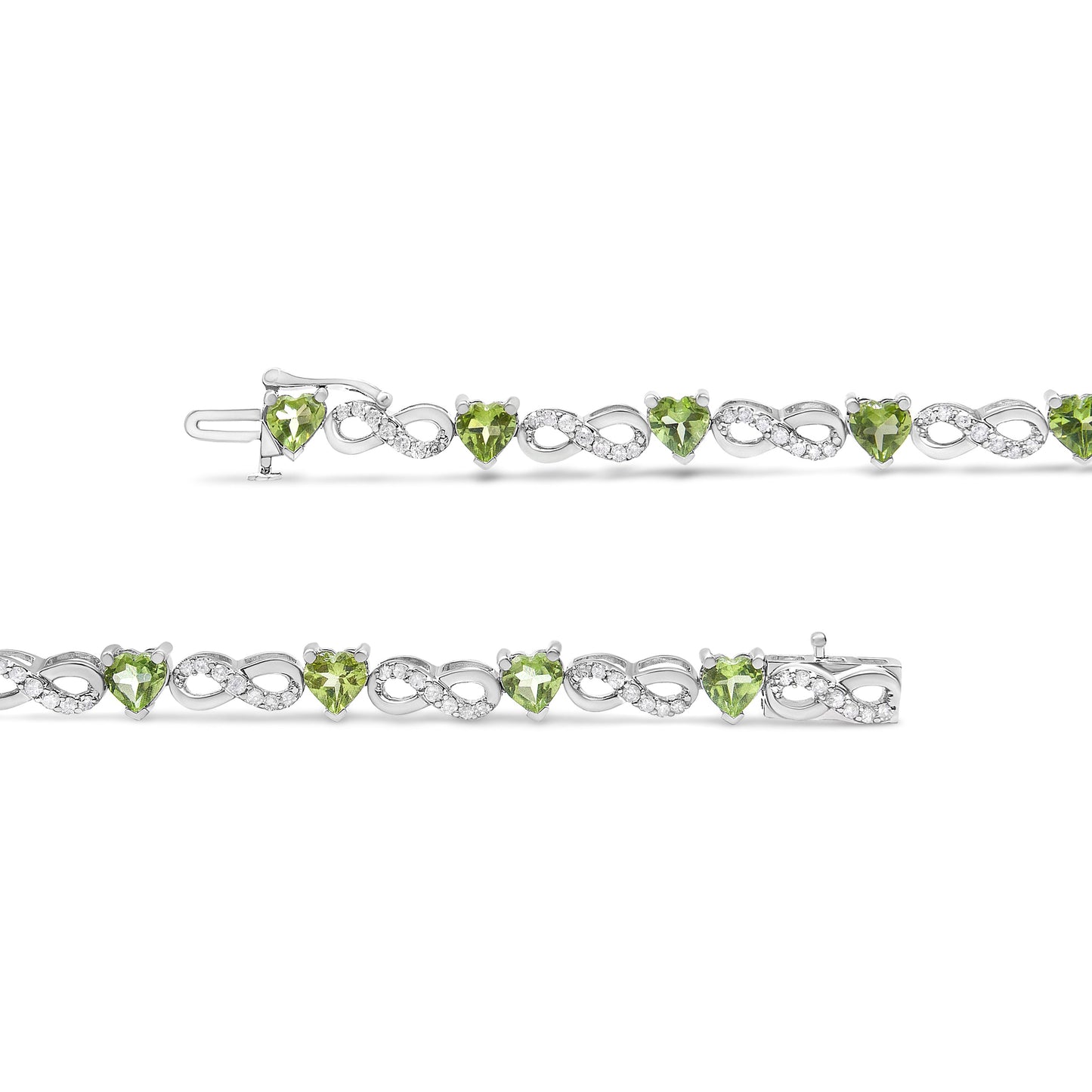 Brazalete de eslabones infinitos de plata de ley .925 con 1.00 Cttw de diamantes y peridoto verde de 4.00mm creado en laboratorio en forma de corazón (color I-J, claridad I2-I3) - 7.25"