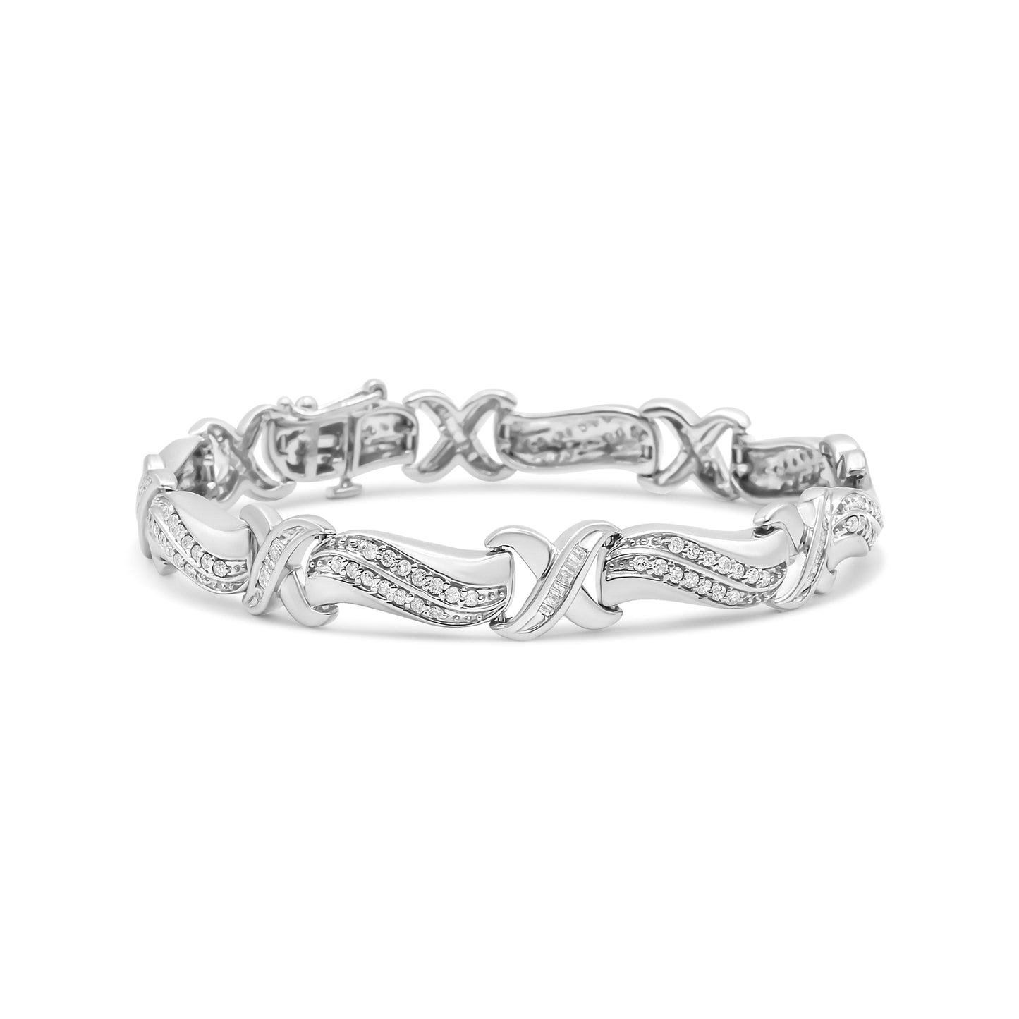 Pulsera de tenis con eslabones ondulados y en X de plata de ley .925 con diamantes de 1.75 quilates en total (color I-J, claridad I3) - 7"