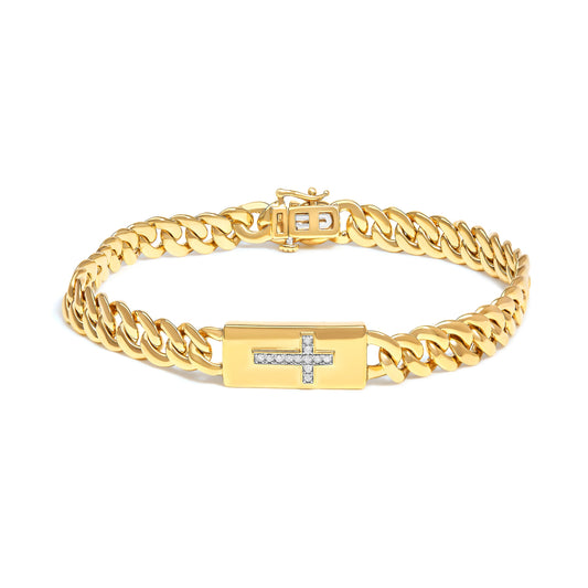 Pulsera de eslabones cubanos con cruz incrustada y acento de diamante en plata de ley .925 bañada en oro amarillo de 14 quilates (color I-J, claridad I3) - 7.25"