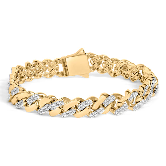Pulsera de cadena cubana con chapa de oro amarillo de 14 quilates sobre plata de ley .925, 1/2 quilate total de diamantes (color I-J, claridad I3) - 8.5 pulgadas
