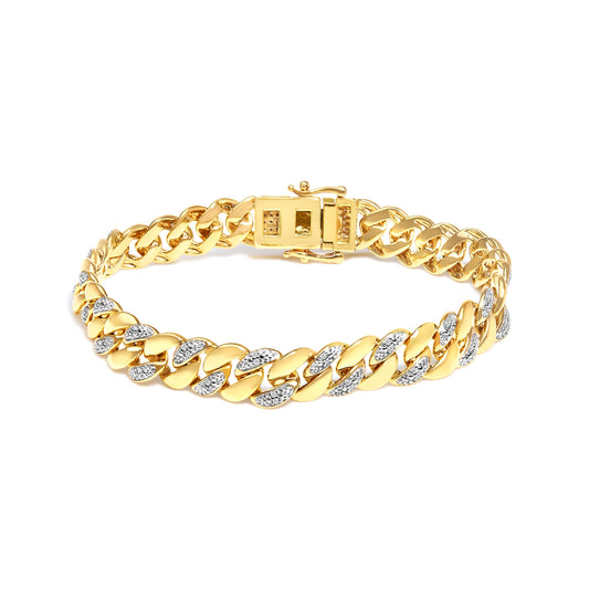 Pulsera cubana de oro amarillo de 14K chapado en plata de ley .925 con diamante de 0,37 quilates (color I-J, claridad I3) - 7,25"