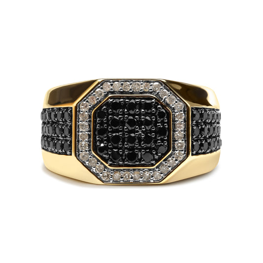 Anillo de banda con halo octogonal de oro amarillo de 10 quilates para hombre con diamantes blancos y negros tratados de 1 1/4 quilates (color I-J, claridad I2-I3) - Talla 10