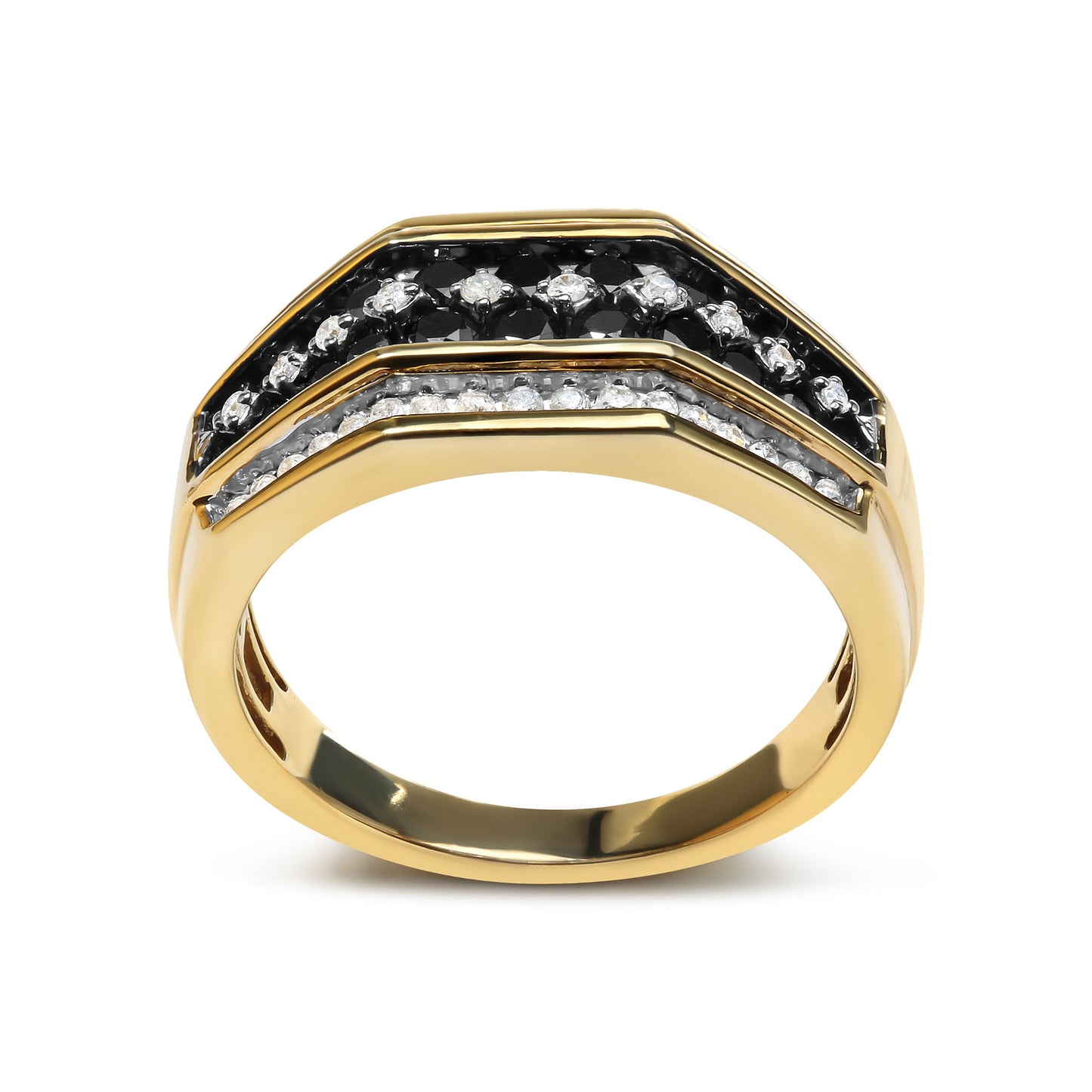 Anillo de hombre chapado en oro amarillo de 14K sobre plata de ley .925 con diamantes blancos y negros tratados de 1 1/2 quilates (color I-J, claridad I2-I3) - Talla 10