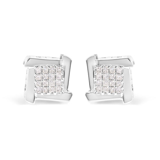 Pendientes de botón cuadrados y en espiral de oro blanco de 10 quilates y 1/2 quilate con diamantes de princesa compuestos (color I-J, claridad I1-I2)