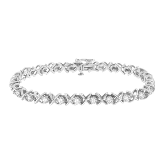 Pulsera de plata esterlina .925 con "X" de diamantes redondos de talla brillante de 1 quilate (claridad I-J, color I2-I3) - Talla 7"