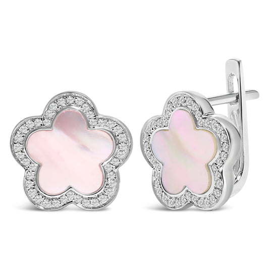 Pendientes de estrella de oro blanco de 14K con nácar y halo de diamantes de 1/5 Cttw