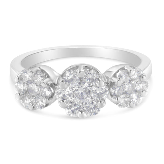 Anillo de compromiso o de moda de oro blanco de 14 quilates con tres racimos florales redondos de diamantes de talla brillante de 1-1/4 quilates (color H-I, claridad SI2-I1) - Talla 6