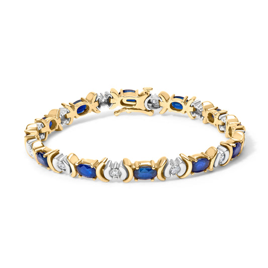 Pulsera de eslabones alternos de oro amarillo de 14 quilates con diamantes de 1,00 Cttw y zafiros azules ovalados de 6 1/2 Cttw (color H-I, claridad SI1-SI2) - 7 pulgadas