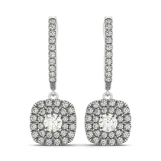 Pendientes de oro blanco de 14 quilates con diamantes de talla cojín de doble halo (3/4 quilates en total)