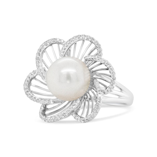 Anillo de floración de oro blanco de 14 quilates con perla redonda de 11 mm y diamante redondo de 1/3 Cttw (color H-I, claridad VS1-VS2) - Talla 6.50