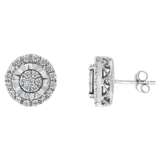 Pendientes de plata de ley con racimo de diamantes (1 quilate peso total, color I-J, claridad I2-I3)