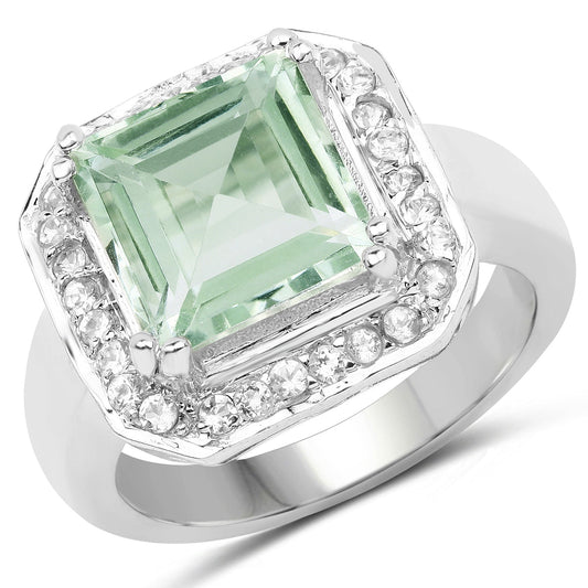 Anillo de plata de ley .925 con amatista verde genuina de 5.21 quilates y topacio blanco