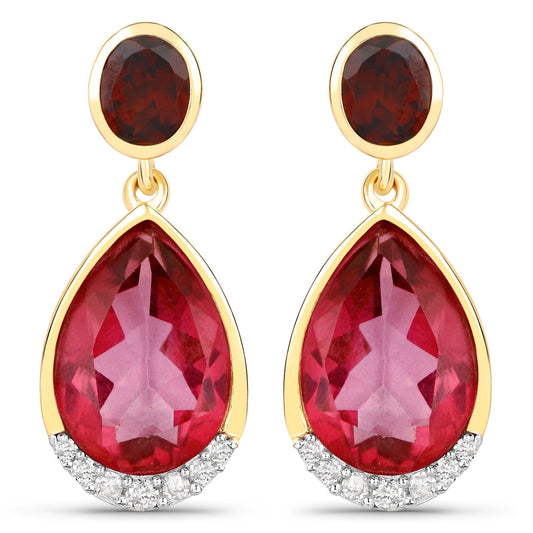 Pendientes de plata de ley .925 con topacio rosa auténtico de 7,98 quilates, granate rodolita y diamantes blancos