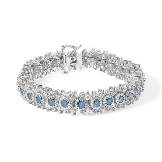 Pulsera de 7" de oro blanco de 14K con eslabones de racimo floral de inspiración vintage, diamantes azules y blancos de 10.0 Cttw (color H-I, SI2-I1)