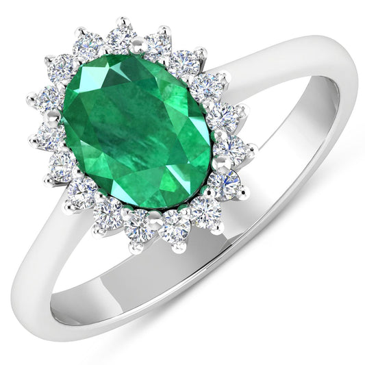 Anillo de oro blanco de 14K con esmeralda zambiana auténtica de 1,87 quilates y diamantes blancos
