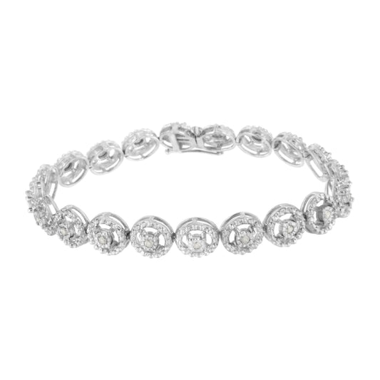 Pulsera de eslabones de moda de 7" con círculo anidado de plata de ley .925 con diamantes de 1/2 Cttw, engaste milagroso y rueda abierta (color I-J, claridad I3)