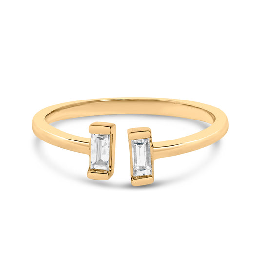 Anillo de banda abierta con baguette de diamantes de 1/5 quilates de oro amarillo de 14K sobre plata esterlina