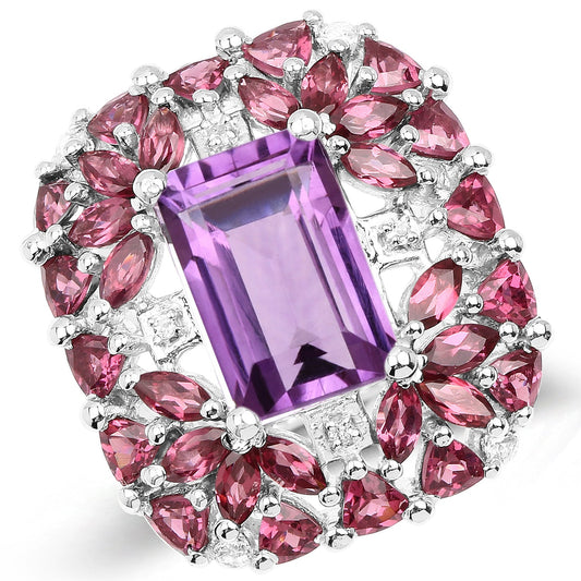 Anillo de plata de ley .925 con amatista rosa, rodolita y topacio blanco genuinos de 7.59 quilates