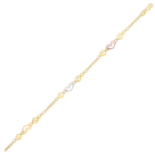 Tobillera de oro tricolor de 14k con estaciones de corazón multicolor
