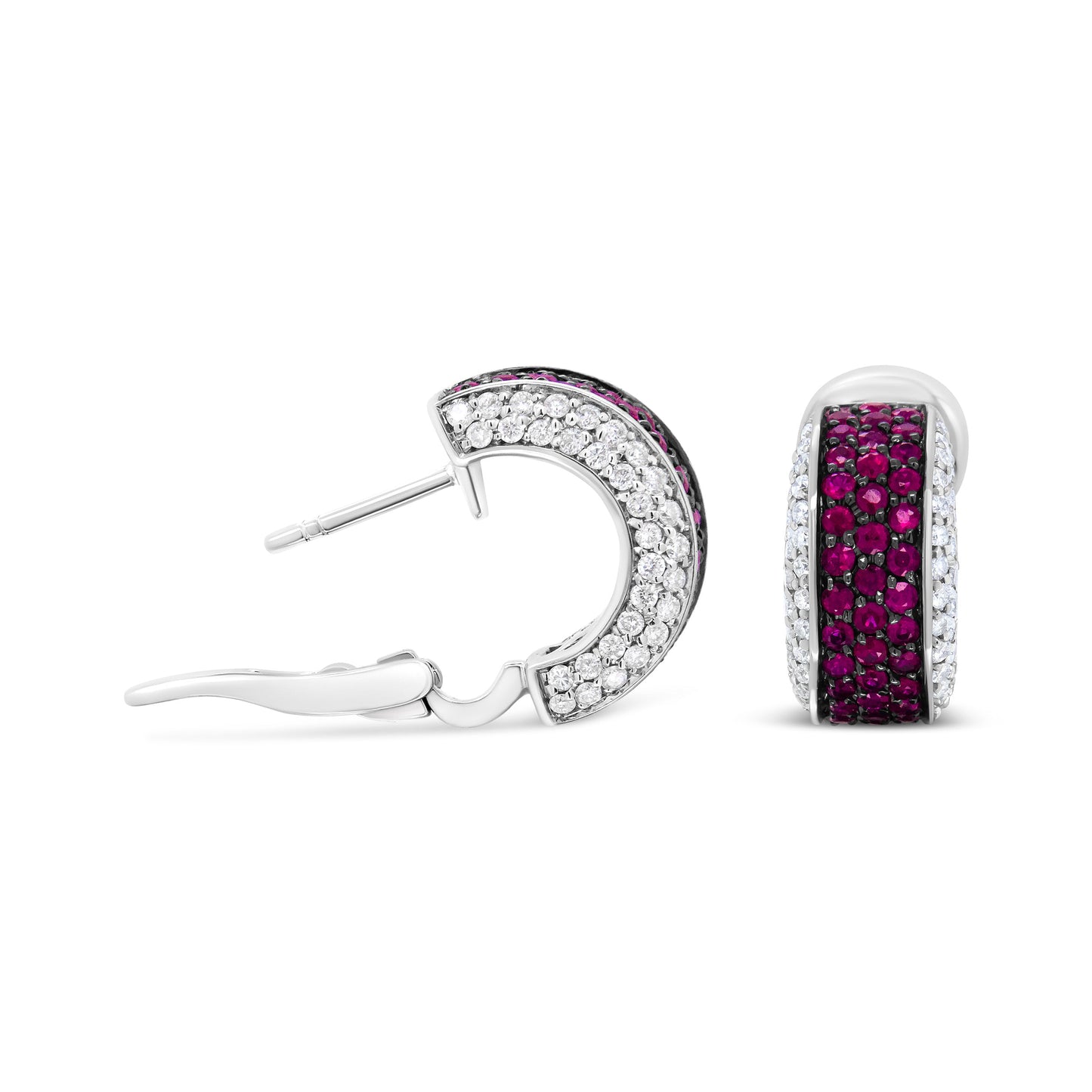 Pendientes de aro tipo Huggie de oro blanco de 18 quilates con baño de rodio negro, diamantes redondos de 3/4 Cttw y rubíes rojos redondos de 1 mm (color F-G, claridad VS1-VS2)