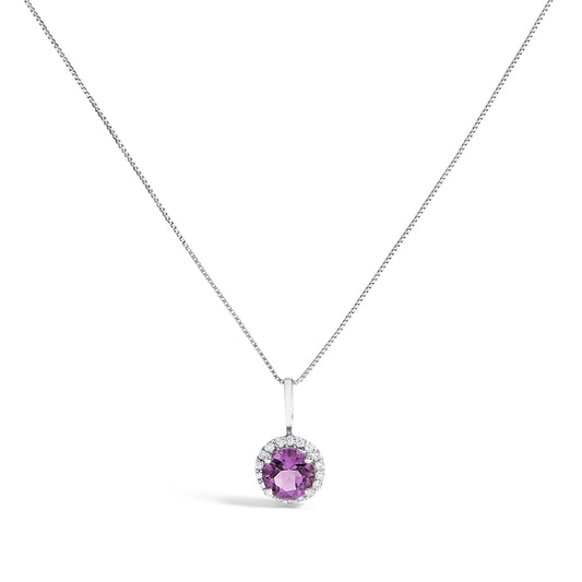 Collar con colgante de halo en oro blanco de 10K, amatista púrpura y acento de diamante de 1/10 Cttw